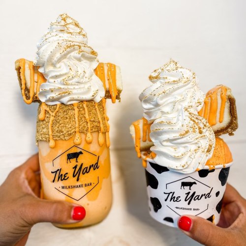 Two decadent milkshakes topped with whipped cream, caramel drizzle, and cookies, served in branded cups.