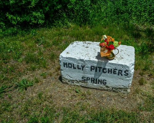 A stone marker labeled "Molly Pitcher's Spring" with a small bouquet of flowers on top, surrounded by grass.
