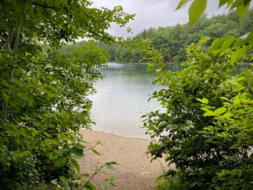 A serene lake view framed by lush green foliage and trees, with a sandy shore visible in the foreground.