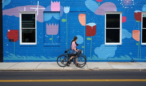 A woman walks a bicycle past a vibrant blue mural with colorful flowers and abstract shapes.