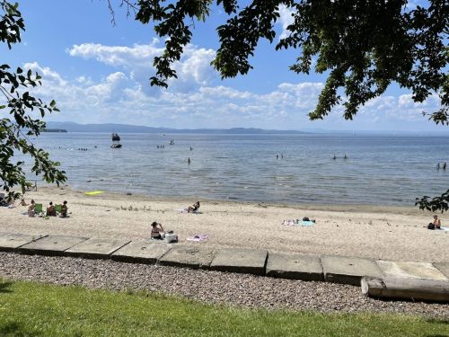 A sunny beach scene with people relaxing on the sand, boats on the water, and trees framing the view.