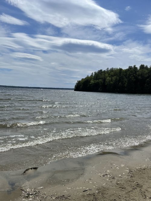 A serene beach scene with gentle waves lapping at the shore under a partly cloudy sky and a forested hillside in the distance.