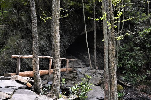 A stone pathway leads to a dark cave entrance, framed by trees and a wooden bridge.
