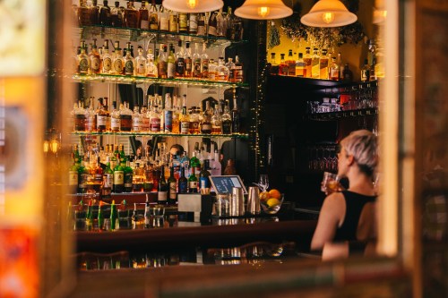 A person sits at a bar, surrounded by shelves filled with various bottles of liquor and colorful drinks.