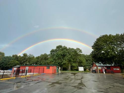 A double rainbow arcs over a parking lot with trees and buildings, reflecting after a rainstorm.