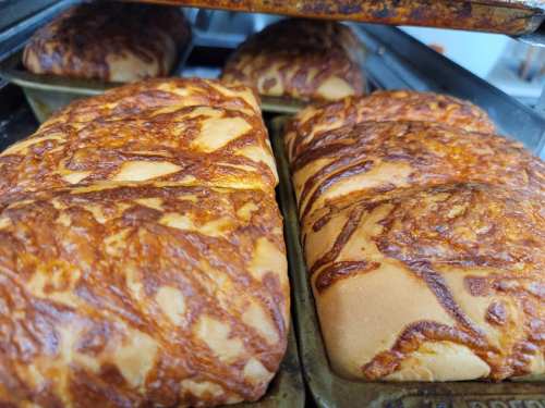 Freshly baked loaves of bread with a golden, crispy crust, resting in a baking tray.