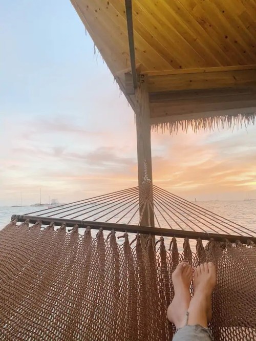 A pair of feet resting on a hammock with a sunset view over the water in the background.