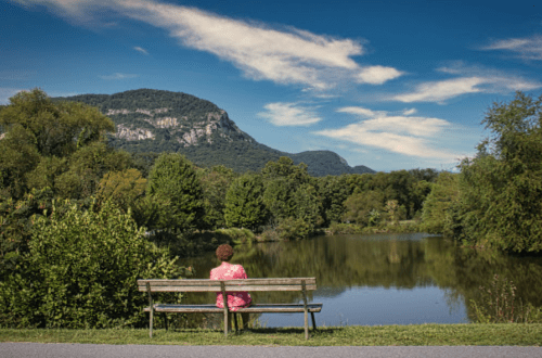 A person sits on a bench by a serene lake, surrounded by lush trees and mountains under a blue sky.