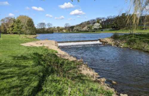 A serene landscape featuring a calm river, a small waterfall, and lush green grass under a clear blue sky.