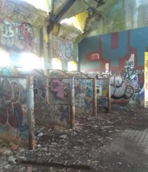 Abandoned interior with graffiti-covered walls and remnants of old structures, illuminated by natural light.