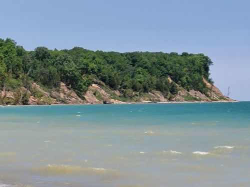 A serene beach scene with gentle waves lapping at a sandy shore, framed by lush green cliffs under a clear blue sky.