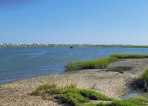 A serene river scene with a boat in the distance, surrounded by grassy banks and a clear blue sky.