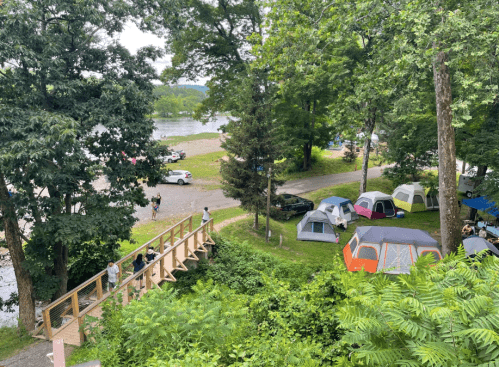 A view of a campsite with tents, a wooden bridge, and trees near a river, with people walking and cars parked nearby.