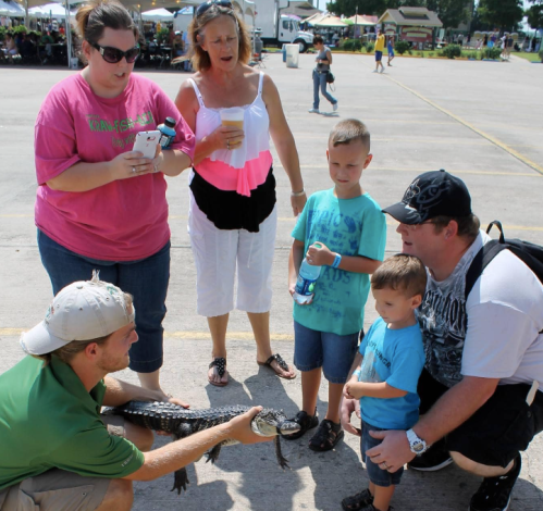 A group of people, including children, gather around a man holding an alligator at an outdoor event.
