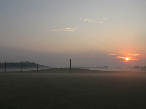 A serene sunrise over a misty landscape, with silhouettes of poles and a gentle fog covering the ground.