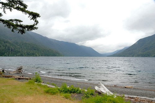 A serene lake surrounded by mountains under a cloudy sky, with a shoreline of pebbles and driftwood.