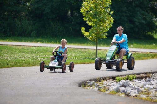 A child and an adult ride go-karts on a paved path in a park, surrounded by greenery and a small tree.