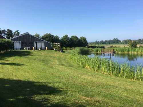 A serene landscape featuring a pond, lush green grass, and a rustic building under a clear blue sky.