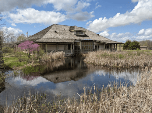 A modern building with a sloped roof beside a pond, surrounded by greenery and blooming trees under a blue sky.