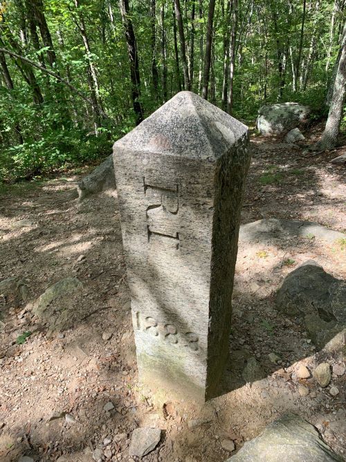 A stone marker with "RI" and "1898" engraved, surrounded by trees and rocky terrain in a forested area.