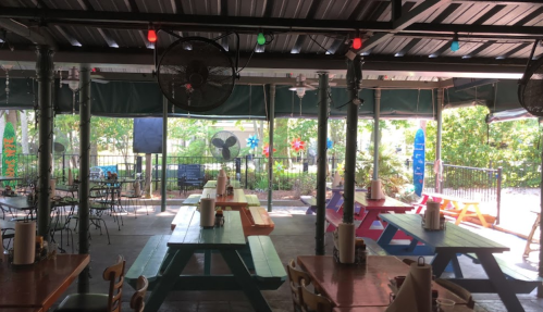 A colorful outdoor dining area with picnic tables, fans, and decorative lights, surrounded by greenery.