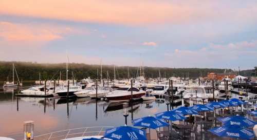 A serene marina at sunset, featuring boats docked and blue umbrellas in the foreground, reflecting on calm waters.