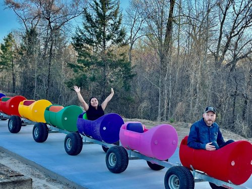 Two people sit in colorful, cartoonish train cars on a track, surrounded by trees, with one person joyfully raising their arms.