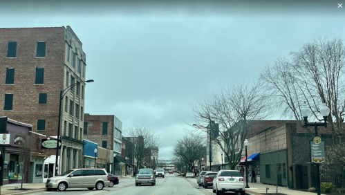 A quiet downtown street with brick buildings, bare trees, and overcast skies. Cars are parked along the road.
