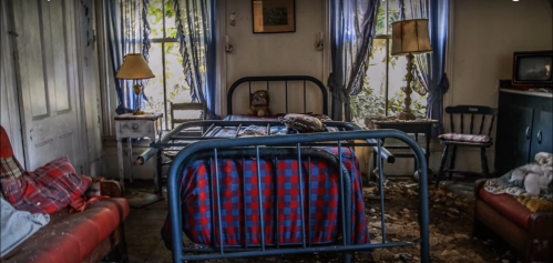 An abandoned bedroom with a blue metal bed, checkered bedding, and overgrown plants visible through the windows.