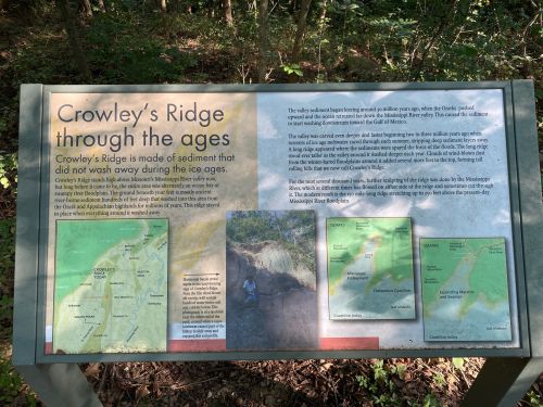 Informational sign about Crowley's Ridge, detailing its geological history and significance during the ice ages.