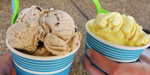 Two hands hold ice cream cups: one with brown and white swirled ice cream, the other with bright yellow ice cream.