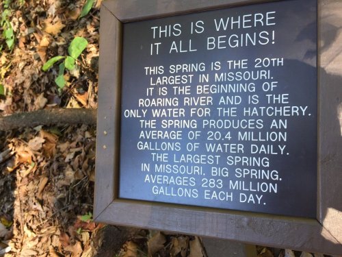 Sign about a spring in Missouri, noting its size, water production, and significance for the hatchery.