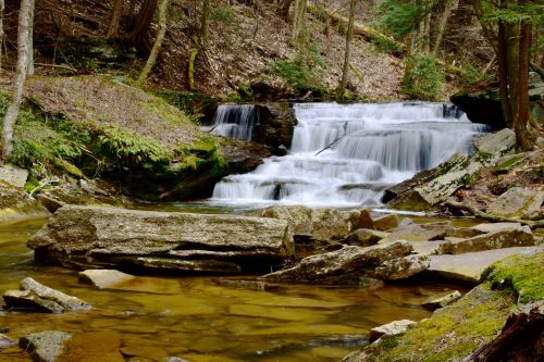 A serene waterfall cascades over rocks into a calm stream, surrounded by lush greenery and forested terrain.