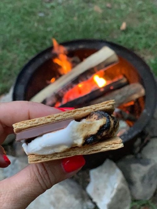 A hand holding a s'more with toasted marshmallow and chocolate, in front of a campfire.