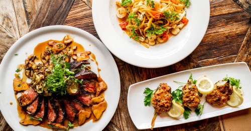 Three gourmet dishes: sliced steak with sauce, pasta with seafood, and stuffed mushrooms garnished with herbs.