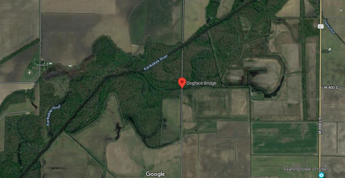 Map showing the location of Dogface Bridge near the Kankakee River, surrounded by fields and wooded areas.