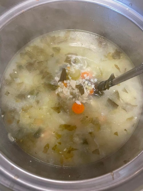 A pot of soup with vegetables, grains, and herbs simmering, steam rising from the surface.