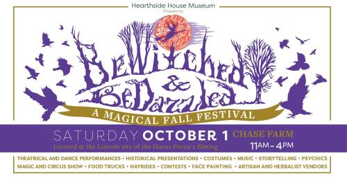 Promotional banner for "Bewitched & Bedazzled" festival on October 1, featuring activities, food trucks, and vendors.