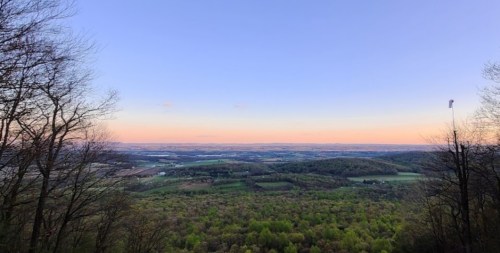 A panoramic view of rolling green hills under a pastel sunset sky, framed by trees in the foreground.