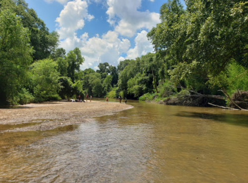 A serene river scene with lush greenery, sandy banks, and people enjoying the outdoors under a partly cloudy sky.