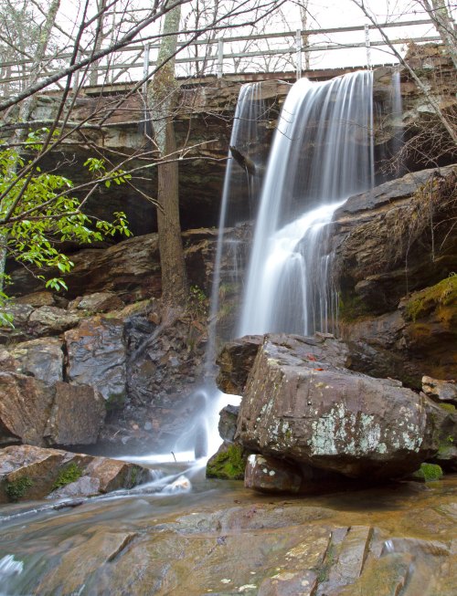 A serene waterfall cascades over rocks, surrounded by trees and greenery, with a wooden bridge above.
