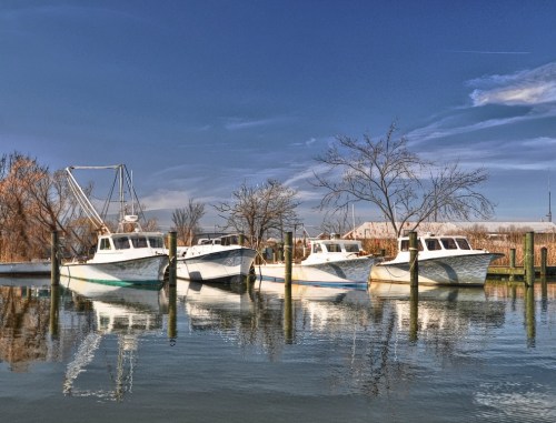 Four boats docked at a pier, reflecting in calm water under a clear blue sky with scattered clouds.