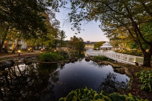 A serene pond surrounded by trees and a white bridge, with soft evening light reflecting on the water.