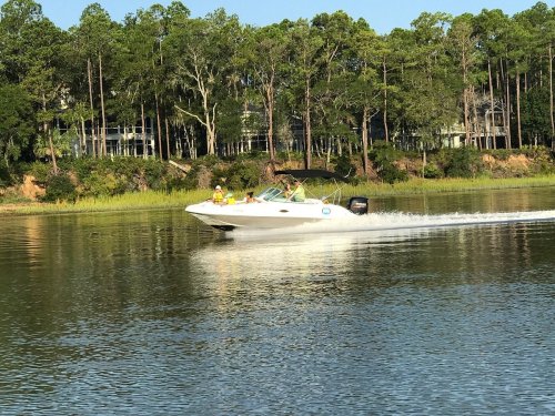 A speedboat glides across a calm lake surrounded by lush green trees on a sunny day.