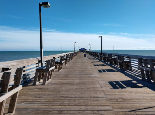 A wooden pier stretches into the ocean under a clear blue sky, with benches lining the sides.