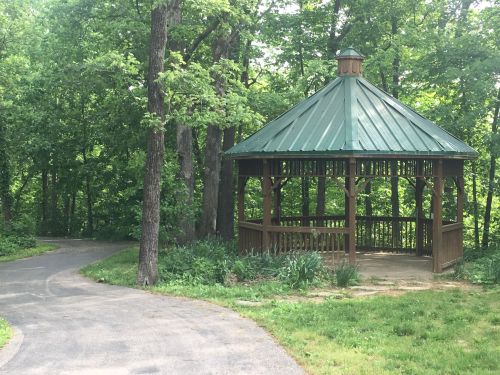 A wooden gazebo with a green roof surrounded by trees, next to a winding path in a lush, green park.
