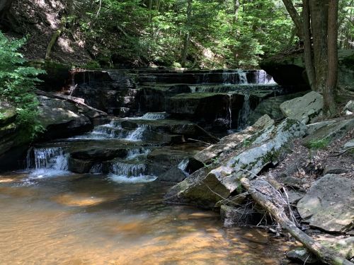 A serene waterfall cascades over rocky steps into a calm pool, surrounded by lush green trees.
