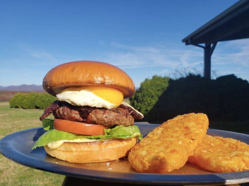 A delicious burger with a fried egg, lettuce, and tomato, served with golden hash browns on a silver plate outdoors.