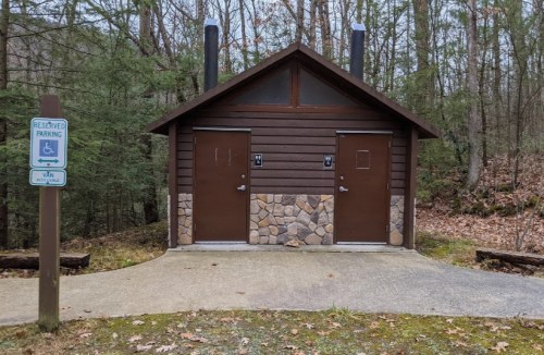 A rustic restroom building with two doors, surrounded by trees and a sign for accessible parking nearby.