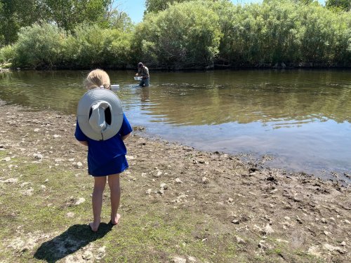 A child in a blue shirt stands barefoot by a river, watching an adult wading in the water among greenery.